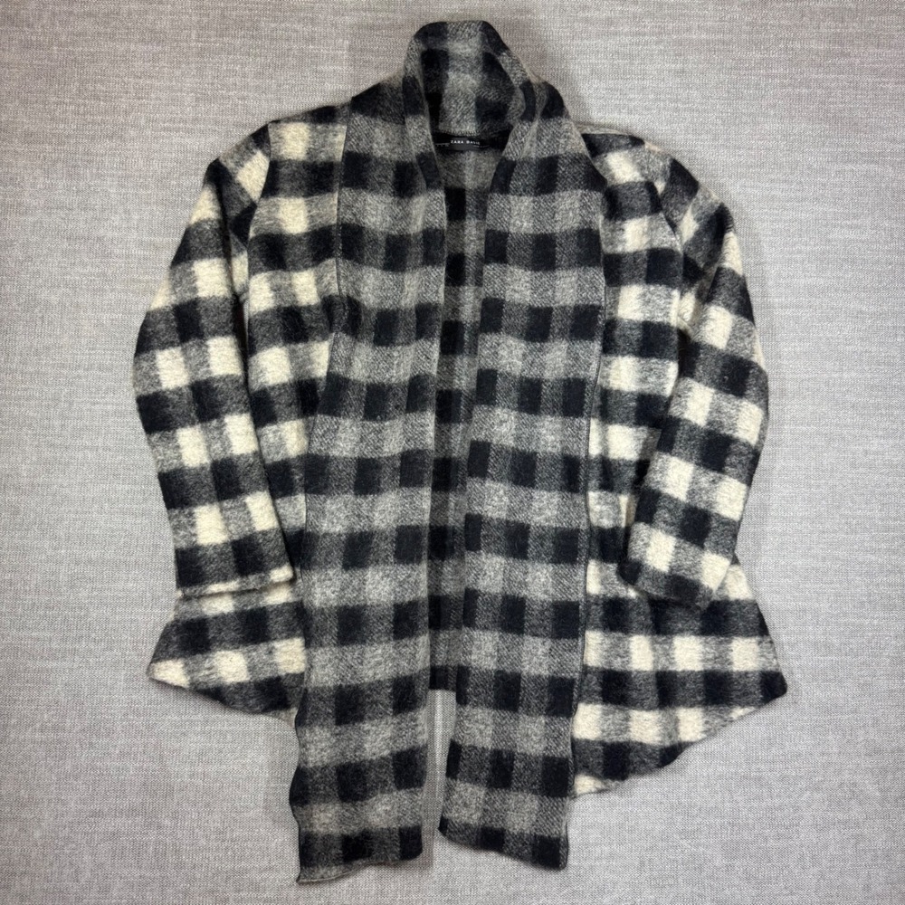 Zara Basic Wool Blend Buffalo Plaid Open Front Cozy Cardigan Black Grey Small